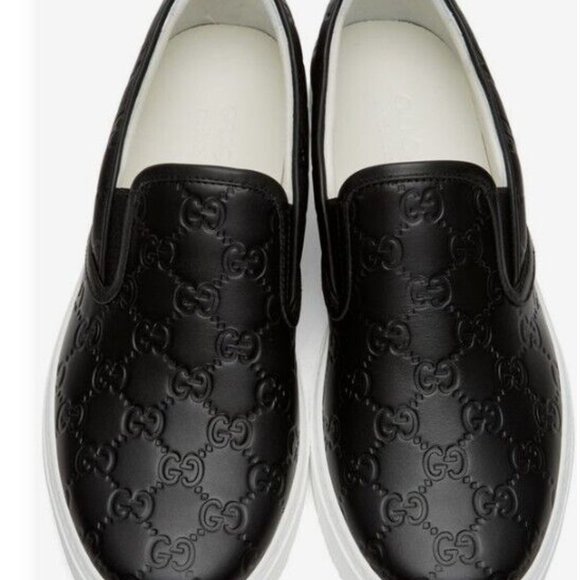 *GUCCI BLACK LEATHER EMBOSSED LOGO SLIP ON SNEAKERS SZ 8.5 MADE IN ITALY #407364 - Picture 3 of 16